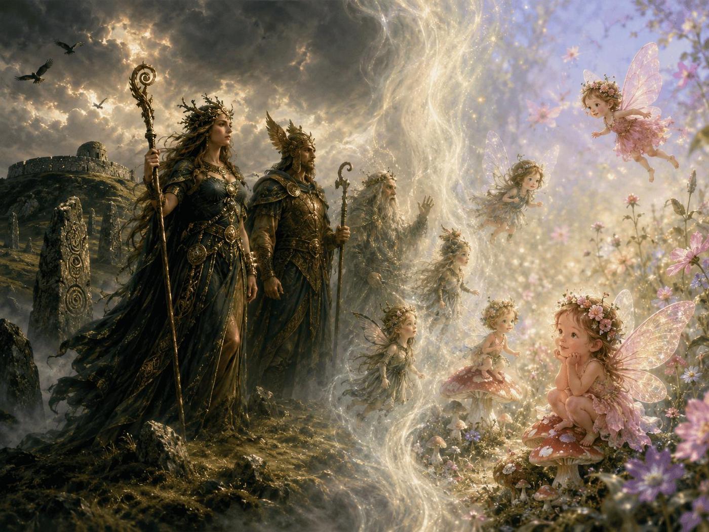 Ilustración de dioses celtas transformándose en hadas irlandesas