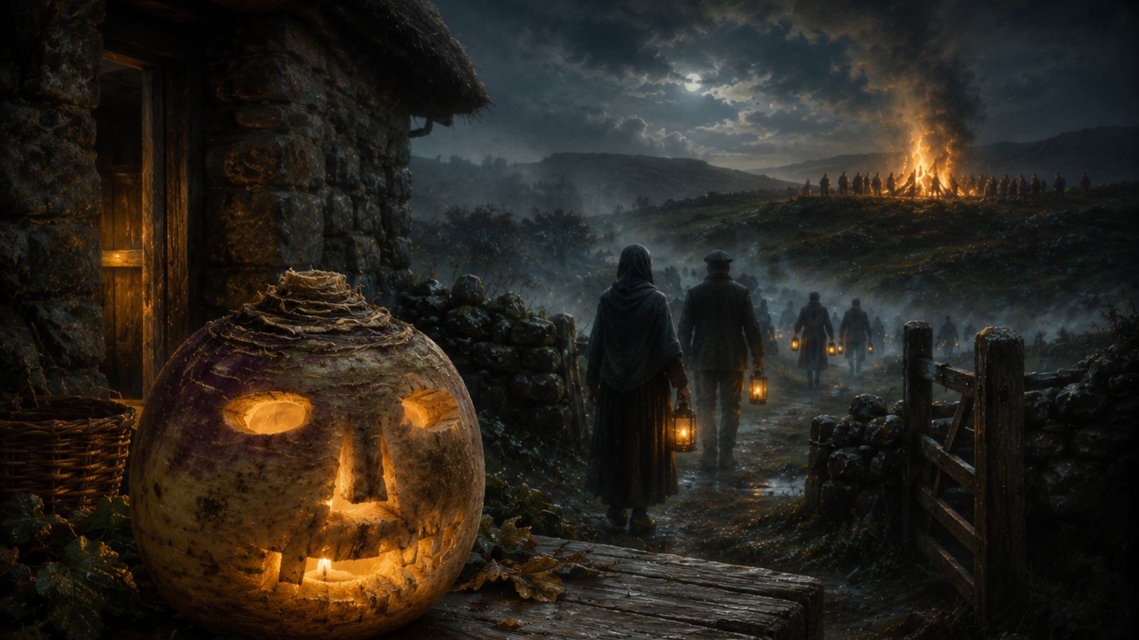 Nabo tallado tradicional irlandés, origen de la calabaza de Halloween